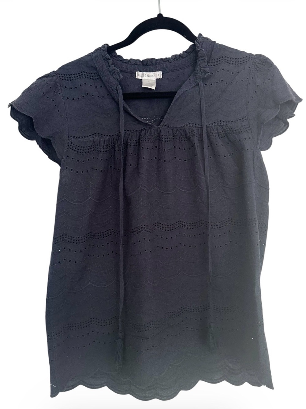 Navy Eyelet Peasant Top with Tie -